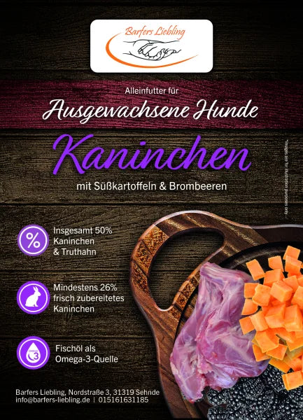 Trockenbarf Kaninchen mit Süßkartoffel & Brombeeren 2kg